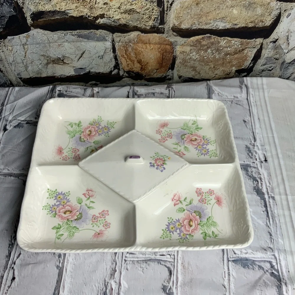 Vintage Porcelain Floral Divided Tray w Center Lid